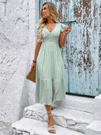 Sage Green Midi Sundress for Women - Flutter Sleeve Smocked Button Front Tiered A Line Dress - Summer Beach Vacation 2026