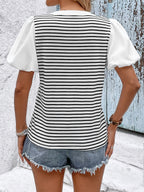 Striped V-neck Blouse With Puff Sleeves And Button Front 2026