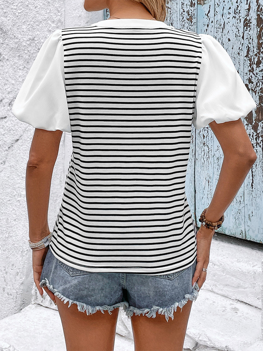 Striped V-neck Blouse With Puff Sleeves And Button Front 2026