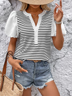 Striped V-neck Blouse With Puff Sleeves And Button Front 2026