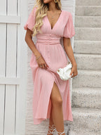 Pastel Pink Midi Tea Dress for Women - Puff Sleeve Ruched Bust Button Front High Waist Flare Dress - Summer Vacation 2026