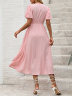 Pastel Pink Midi Tea Dress for Women - Puff Sleeve Ruched Bust Button Front High Waist Flare Dress - Summer Vacation 2026