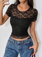 Short Sleeves Black Lace T-shirt With Sheer Detail 2026