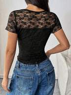 Short Sleeves Black Lace T-shirt With Sheer Detail 2026