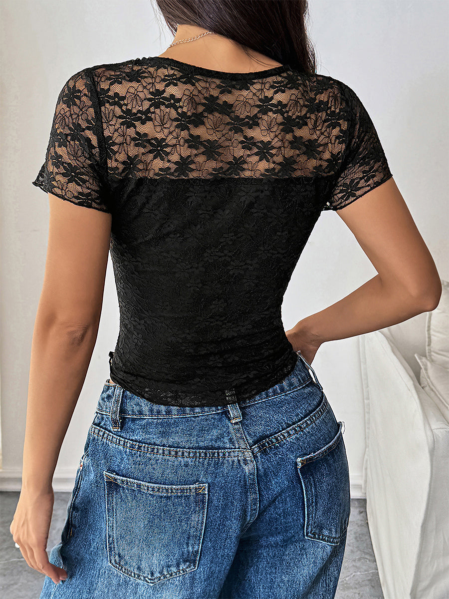 Short Sleeves Black Lace T-shirt With Sheer Detail 2026