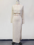 Crochet Two Piece Co-ord Set Long Sleeves Crop Top And High-slit Skirt Beach Cover-up 2026