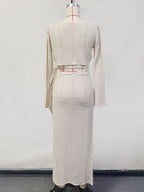 Crochet Two Piece Co-ord Set Long Sleeves Crop Top And High-slit Skirt Beach Cover-up 2026