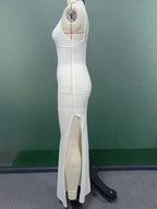 White Crochet Maxi Dress for Women - Boho V Neck Sleeveless Side Slit Bodycon Knit Long Dress - Summer Beach Resort 2026