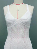 White Crochet Maxi Dress for Women - Boho V Neck Sleeveless Side Slit Bodycon Knit Long Dress - Summer Beach Resort 2026