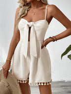 Waffle Texture Sleeveless Romper With Tie Front And Tassels 2026