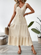Boho Tiered Maxi Dress for Women - Apricot Textured V Neck Sleeveless Tie Waist A Line Long Dress - Summer Beach Resort 2026