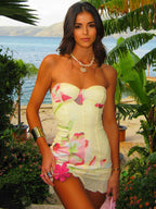 Floral Corset Mini Dress for Women - Yellow Sexy Strapless Backless Bodycon Ruffle Trim Party Gown - Summer Beach 2026