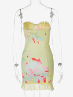 Floral Corset Mini Dress for Women - Yellow Sexy Strapless Backless Bodycon Ruffle Trim Party Gown - Summer Beach 2026