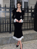 Elegant Black Velvet Dress With Lace Details Long Sleeve Spring Long Dress For Women 2026