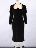 Elegant Black Velvet Dress With Lace Details Long Sleeve Spring Long Dress For Women 2026