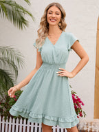 Soft Pink Ruffled Hem V-neck Midi Dress With Shirred Waist 2026