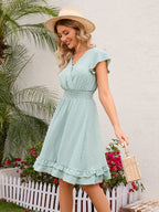 Soft Pink Ruffled Hem V-neck Midi Dress With Shirred Waist 2026