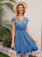 Soft Pink Ruffled Hem V-neck Midi Dress With Shirred Waist 2026