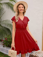 Soft Pink Ruffled Hem V-neck Midi Dress With Shirred Waist 2026