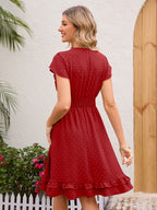 Soft Pink Ruffled Hem V-neck Midi Dress With Shirred Waist 2026