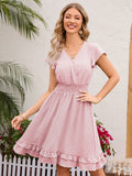 Soft Pink Ruffled Hem V-neck Midi Dress With Shirred Waist 2026