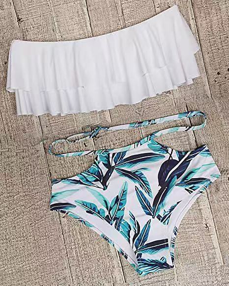Off Shoulder Ruffled Printed Bikini Set