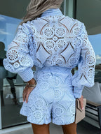 Lace Two Piece Co-ord Set Long Sleeve Shirt And Shorts 2026