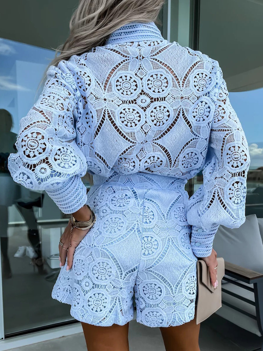 Lace Two Piece Co-ord Set Long Sleeve Shirt And Shorts 2026