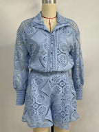 Lace Two Piece Co-ord Set Long Sleeve Shirt And Shorts 2026