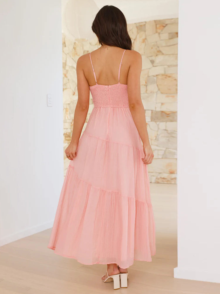 Tiered Maxi Sundress for Women - Ruched Bust Tie Front A Line Long Slip Dress - Summer Beach Wedding Guest 2026