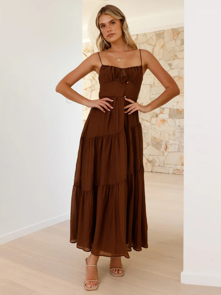 Tiered Maxi Sundress for Women - Ruched Bust Tie Front A Line Long Slip Dress - Summer Beach Wedding Guest 2026