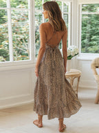 Leopard Maxi Sundress for Women - Brown Print Spaghetti Strap V Neck Tiered Fit and Flare Dress - Summer Beach 2026