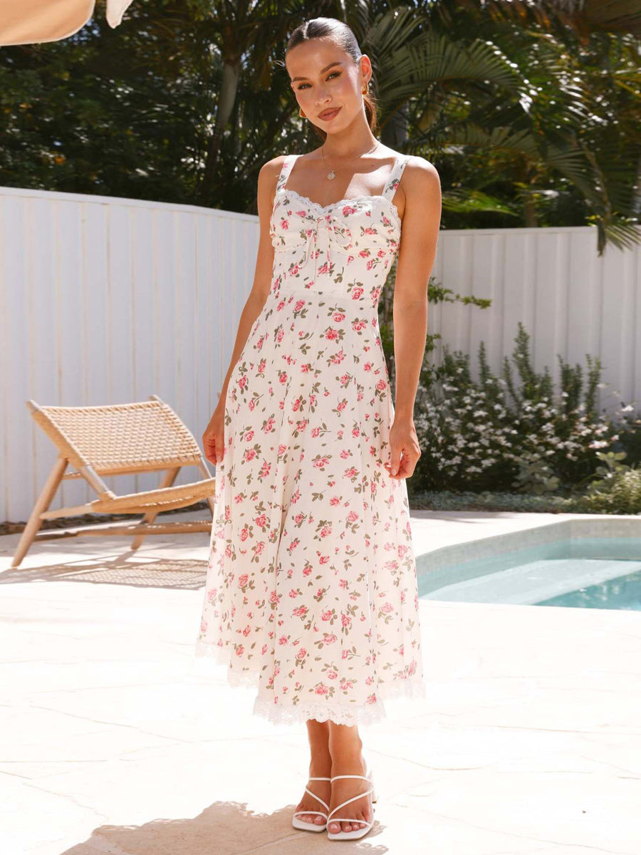 Floral Print Lace Trim Sleeveless Long Dress For Summer 2026