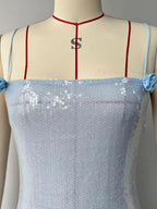 Blue Sequin Bodycon Sheer Long Slip Dress With Ruffled High Slit 2026