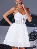 White Mini Slip Dress With Flower Decoration And Sheer Waist 2026