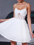 White Mini Slip Dress With Flower Decoration And Sheer Waist 2026