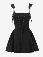 Black Strap Flared Mini Dress With Lace-up Back 2026