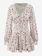 Pink Floral Print V-Neck Long Sleeve Mini Dress For Summer 2026