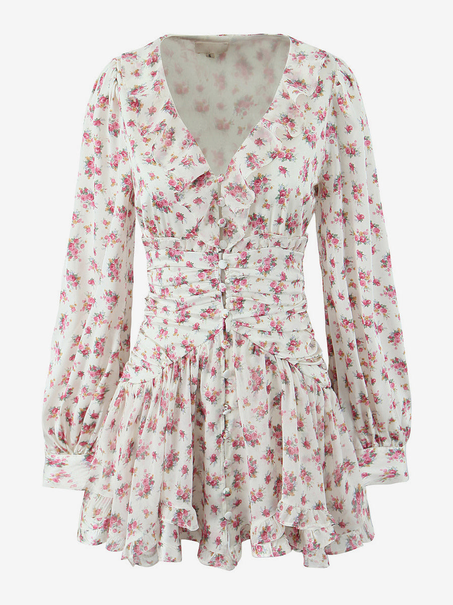 Pink Floral Print V-Neck Long Sleeve Mini Dress For Summer 2026