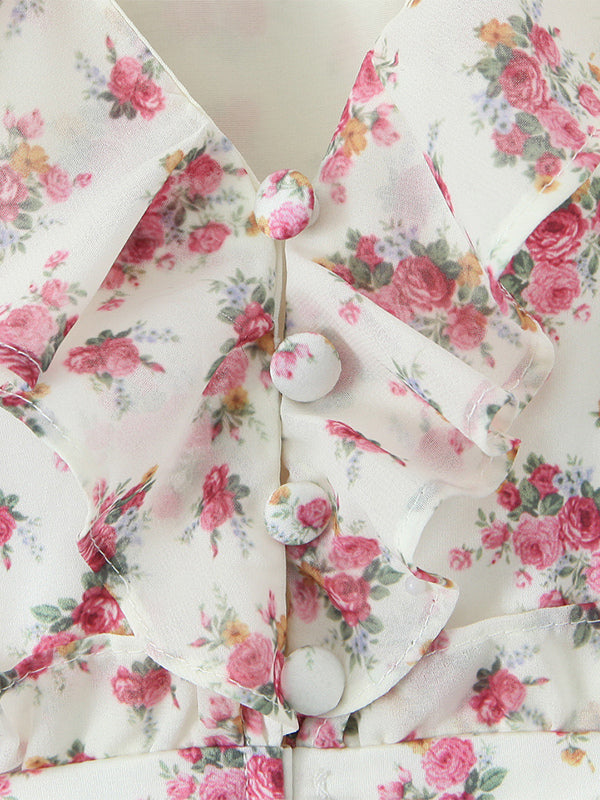 Pink Floral Print V-Neck Long Sleeve Mini Dress For Summer 2026