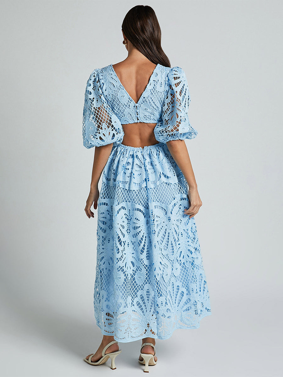 Eyelet Lace Long Tea Dress for Women - Deep V Neck Puff Sleeve A Line Prom Gown - Summer Wedding Guest 2026
