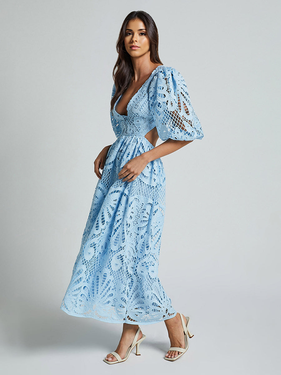 Eyelet Lace Long Tea Dress for Women - Deep V Neck Puff Sleeve A Line Prom Gown - Summer Wedding Guest 2026