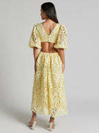 Eyelet Lace Long Tea Dress for Women - Deep V Neck Puff Sleeve A Line Prom Gown - Summer Wedding Guest 2026