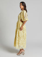 Eyelet Lace Long Tea Dress for Women - Deep V Neck Puff Sleeve A Line Prom Gown - Summer Wedding Guest 2026