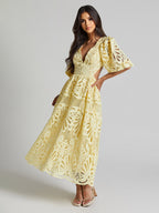 Eyelet Lace Long Tea Dress for Women - Deep V Neck Puff Sleeve A Line Prom Gown - Summer Wedding Guest 2026