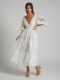 Eyelet Lace Long Tea Dress for Women - Deep V Neck Puff Sleeve A Line Prom Gown - Summer Wedding Guest 2026