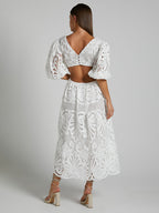 Eyelet Lace Long Tea Dress for Women - Deep V Neck Puff Sleeve A Line Prom Gown - Summer Wedding Guest 2026