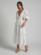 Eyelet Lace Long Tea Dress for Women - Deep V Neck Puff Sleeve A Line Prom Gown - Summer Wedding Guest 2026