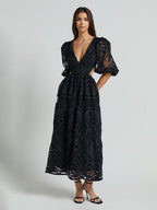 Eyelet Lace Long Tea Dress for Women - Deep V Neck Puff Sleeve A Line Prom Gown - Summer Wedding Guest 2026