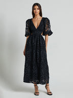 Eyelet Lace Long Tea Dress for Women - Deep V Neck Puff Sleeve A Line Prom Gown - Summer Wedding Guest 2026